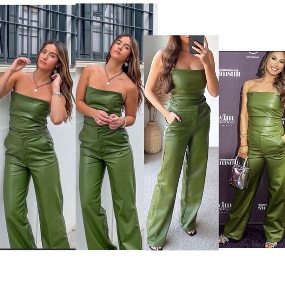 Zara olive green faux leather full length high waisted pants Sz S NWT bloggers - Picture 5 of 16